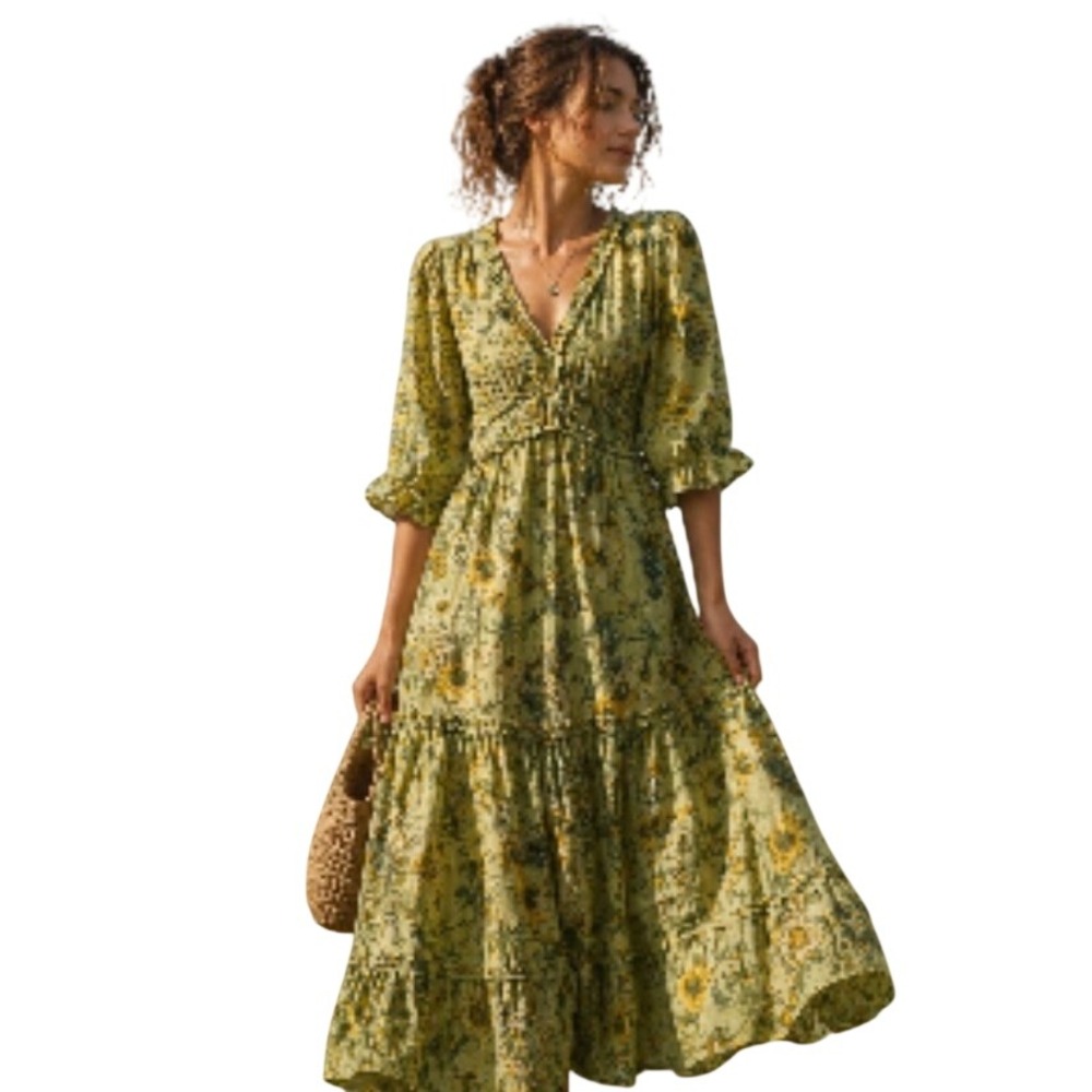 Floral Romantic Prairie Midi Maxi Dress Yellow Green Botanical Ruffle Size Large
